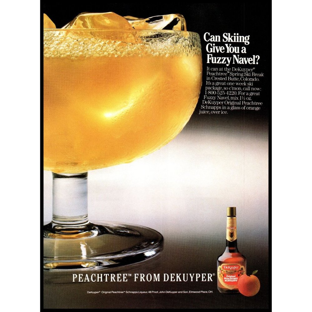 1988 Dekuyper Peachtree Schnapps Vintage Print Ad Fuzzy Navel Cocktail Wall Art